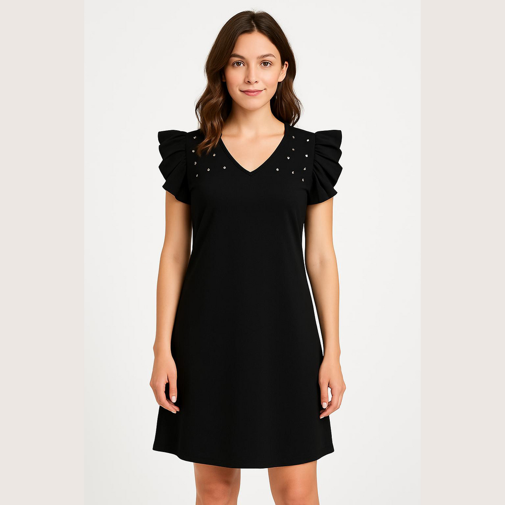 Eloquii Black Mini Dress with Ruffle Sleeves and Pearl Details
